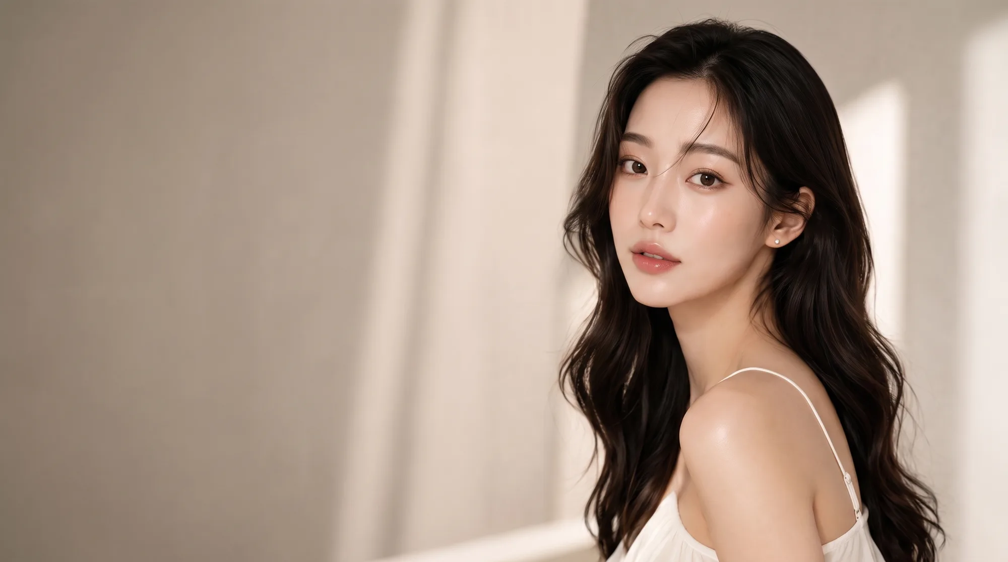 베이지 벽 앞에서 어깨 너머로 카메라를 바라보는 긴 머리의 여성 모델